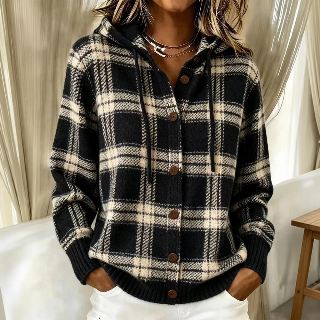 Women's Casual Loose Fit Plaid Hooded Long Sleeve Cardigan Sweater for Fall and Winter