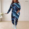 Women Plus Size Blue Printed Two Piece Set Round Neck Long Sleeve Top Fitted Pants