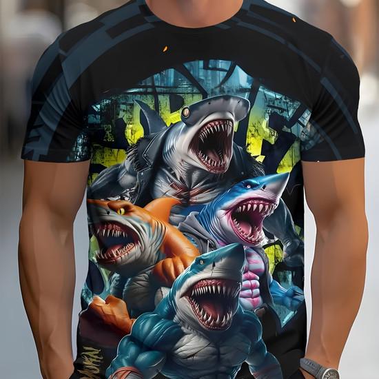 Lustiges KI-Hai-Muster T-Shirt für Männer Meeresbewohner 3D-gedruckte T-Shirts Tralalero Tralala Kurzarm Rundhals Oberteile T-Shirts