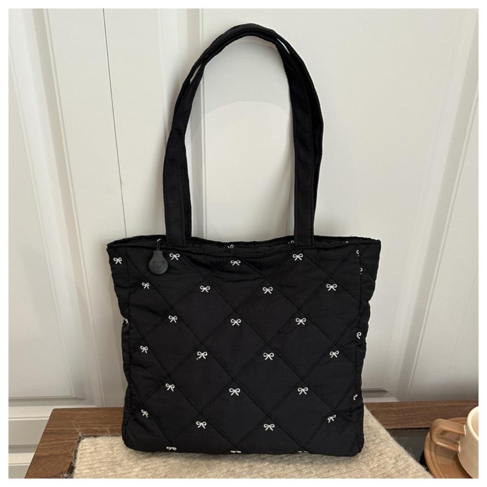 Casual Large Capacity Quilted Tote Bag Solid Color Argyle Pattern Shoulder Bag Bow Embroidery Lightweight Handbag