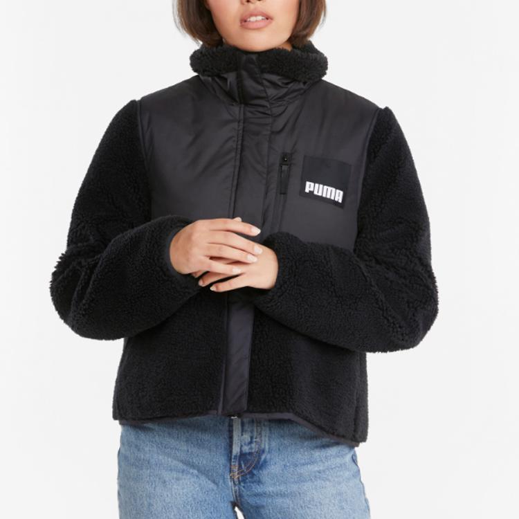 Puma Sherpa Retro Color Block Faux Shearling Stand Collar Striukė Moteriška striukė juoda 846362-01