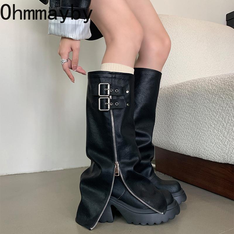 Punk Style Splicing Dicksohl Damen Kniehohe Stiefel Mode Reißverschluss Damen Plateau Ritter Lange Stiefeletten Schuhe
