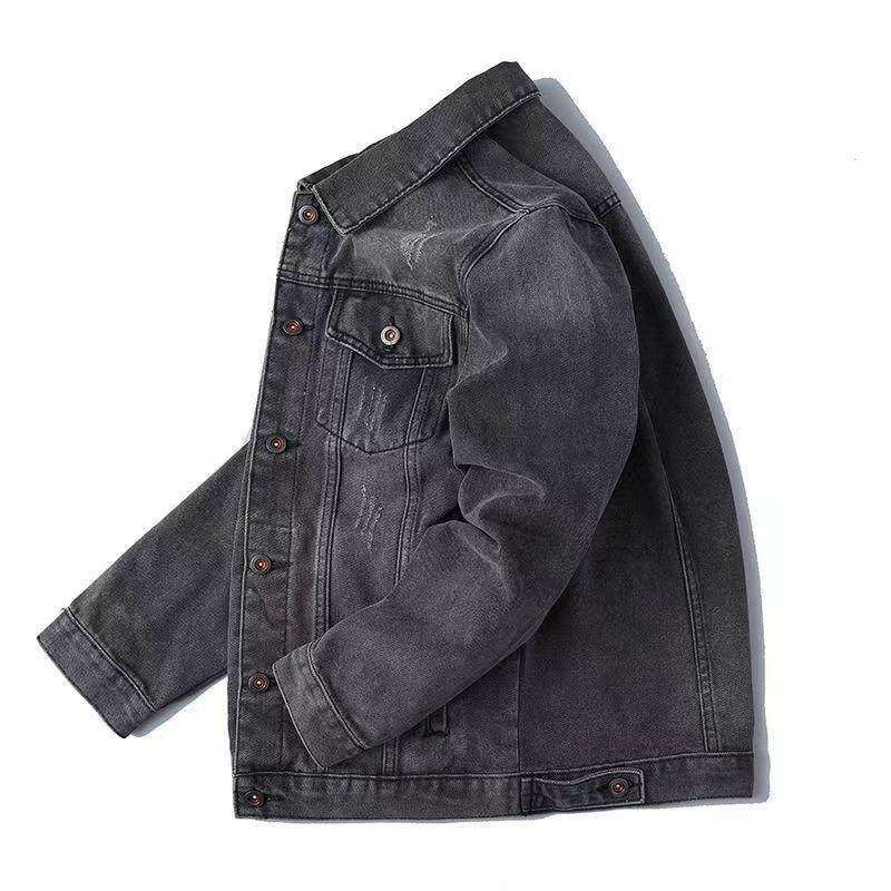 Denim Jacket Men Distressed Turn Down Collar Coats Single Breasted Washed Outerwear Loose Fit Pockets