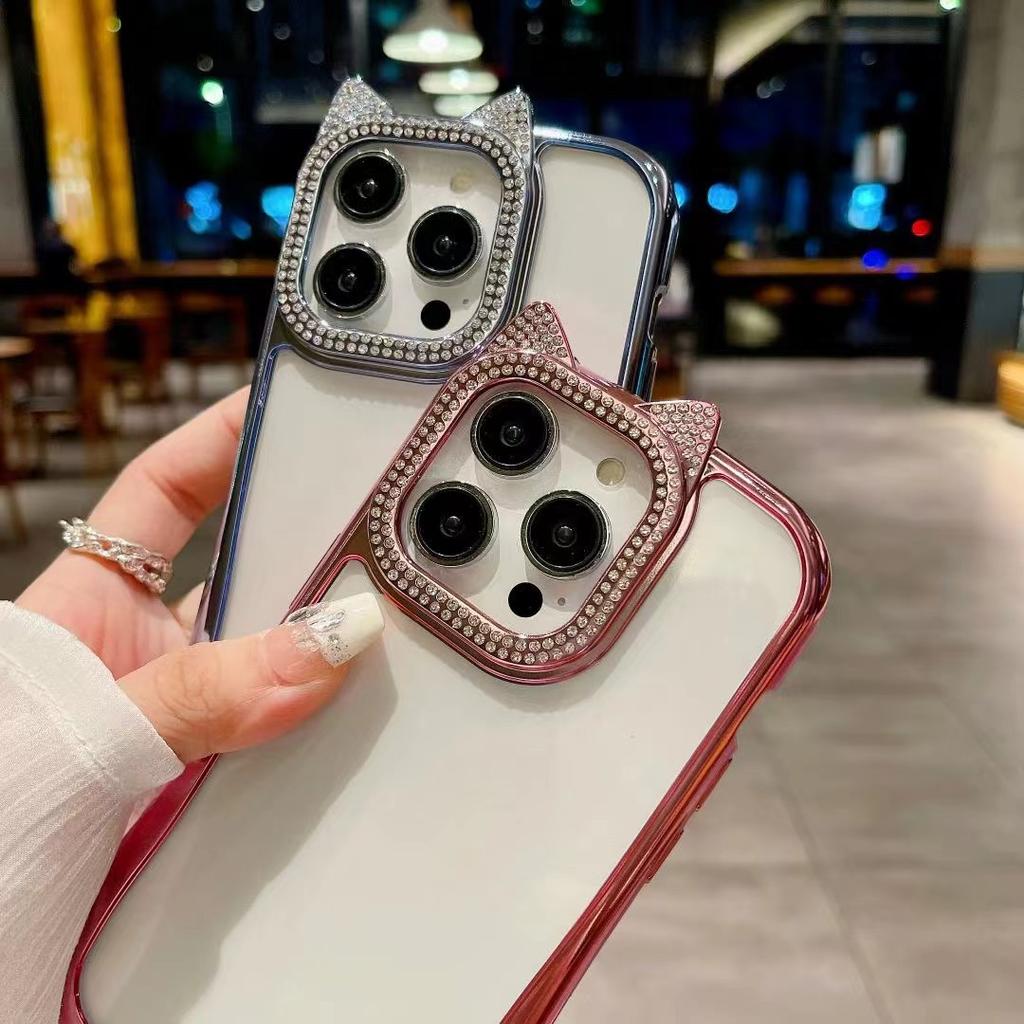 Diamentowe Uszy Kota Odpowiednie do Etui na Telefon IPhone16 Gradientowy Brokatowy Puder Apple 15 All Inclusive 14ProMax Miękkie Etui 13