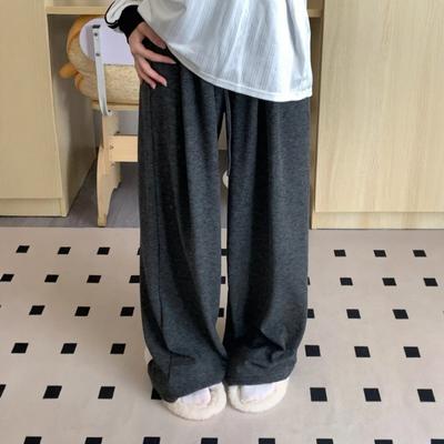 Graue Klebreis-Hose Damen Herbst Neu Locker Gerade Klein Faul Entspannt Lässig Weiter Bein Hosen