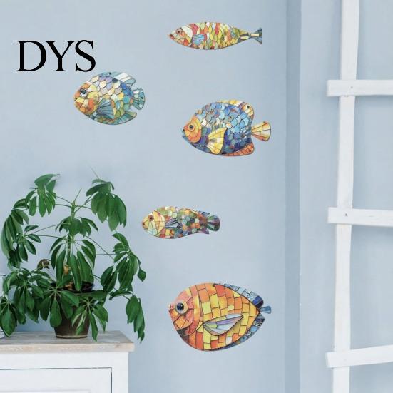 Retro Style Fish Art 5 Pcs Wood Wall Nautical Hanging Decor Tropical Rustic Farmhouse Sculpture for Beach Lake House Bathroom Decoration