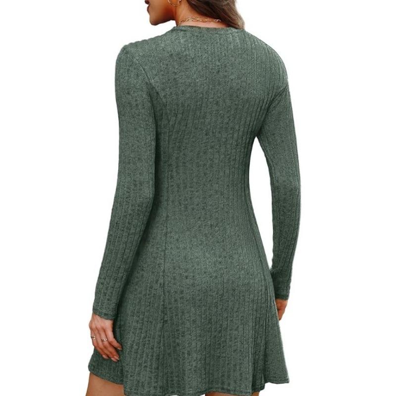 JKASHDK Women's Fashion Spring Fall Solid Color Print Long Sleeve O-Neck High Waist  Casual Dresses