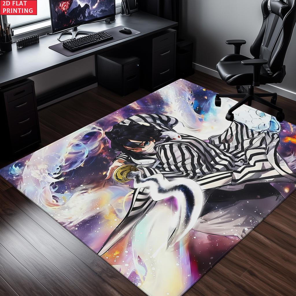 Anime Swordsman Area Rug,Cosmic Nebula Style  Floor Mat,Decorative Carpet for Gaming Room Bedroom,Washable Home Decor Gift