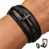 Men' Black Braided Leather Bracelet with Diamond Cross