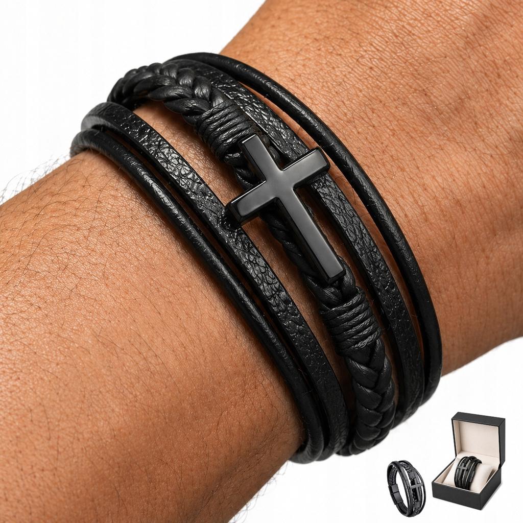 Men' Black Braided Leather Bracelet with Diamond Cross