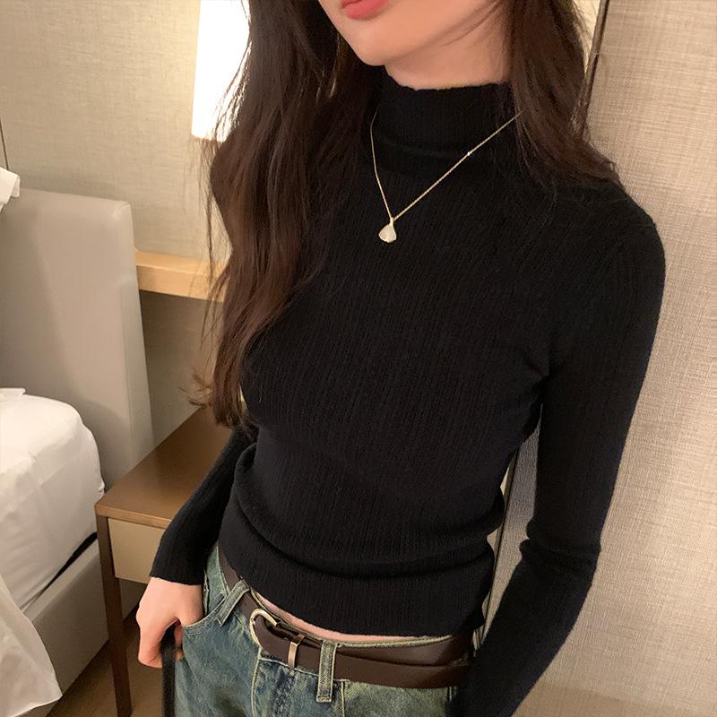 

Высококачественная белая трикотажная нижняя рубашка для женщин на осень и зиму, полуводолазка в корейском стиле, внутренний топ, простой мягкий вощеный свитер L