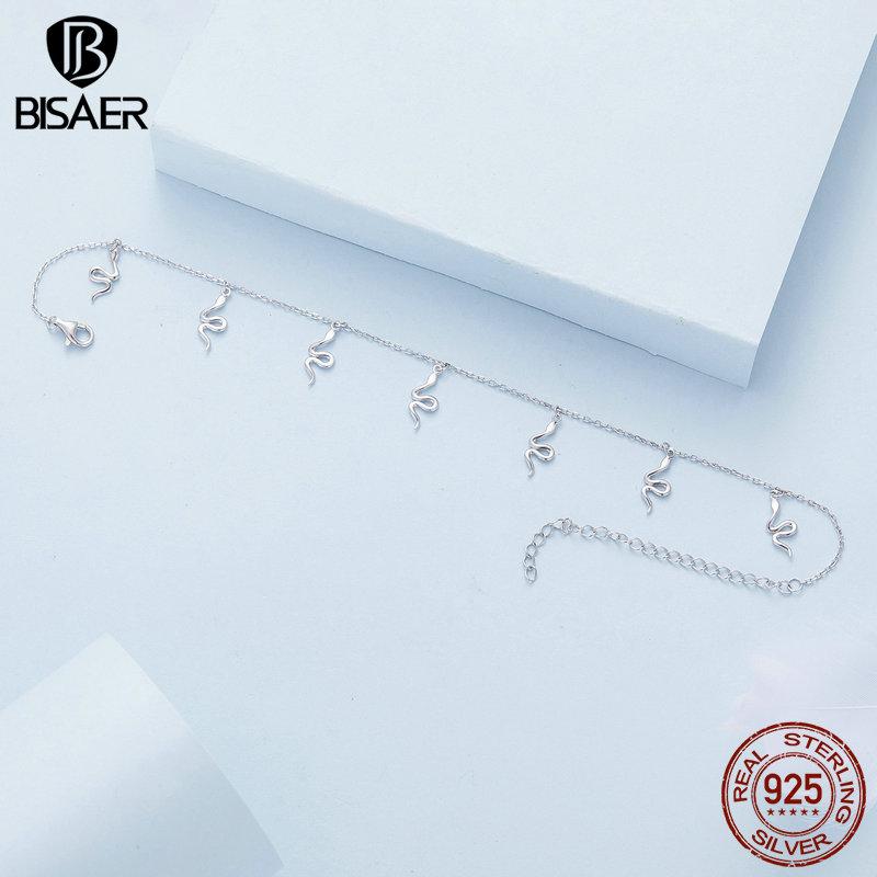 Bisaer Real 925 Sterling Silver Anklet Creative Full of Snake Style Charms Chain Foot Leg Bracelet Minimalist Jewelry Gift