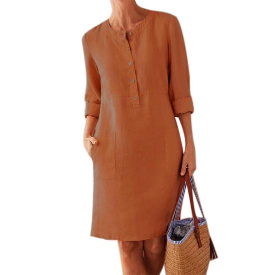 Kadın Gündelik Uzun Kollu Düğmeli Cepli Pamuk Keten Bol Diz Boyu Elbise