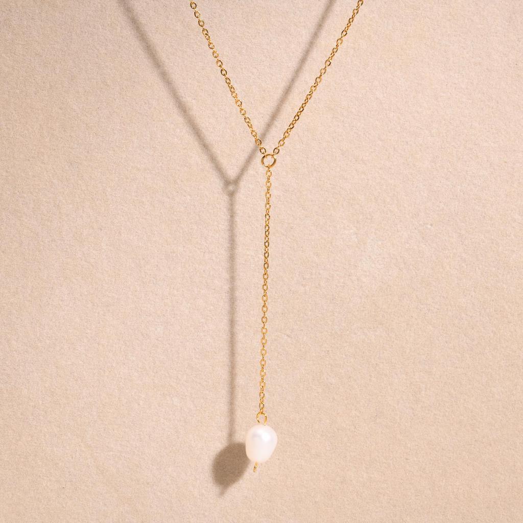 Pearl Y Necklace, 18K Gold Plated Stainless Steel, Waterproof Tarnish Free Lariat Choker Layering Jewelry Gift for Her