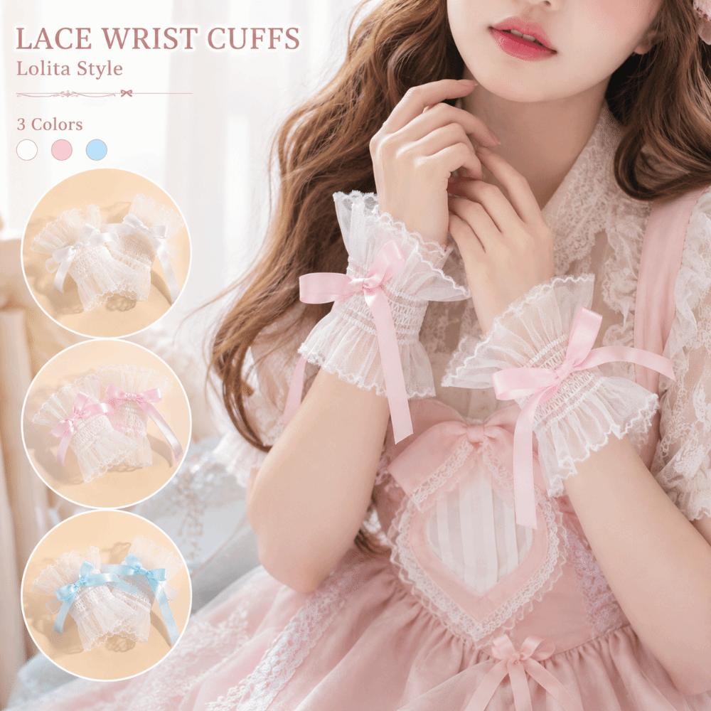 Y2K Bow Lace Wrist Sleeves Pleated Ruched Fake Flared Sleeves Sweet False Cuffs Cosplay Party