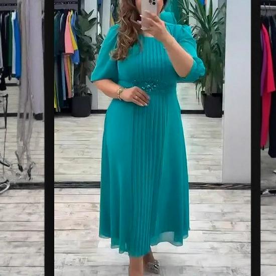 Lantern Sleeve V-Neck A-Line Pleated Maxi Dress - Elegant Waist-Defining, Solid Color Swing Style.