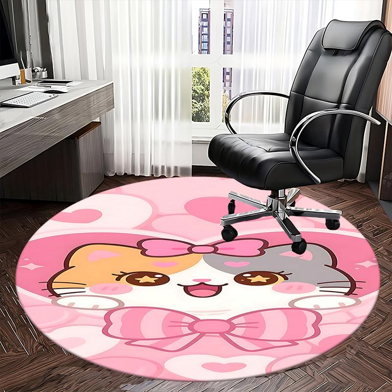 Cute Cat Round Chair Mat - Pink Heart Decorative Rug for Home Office