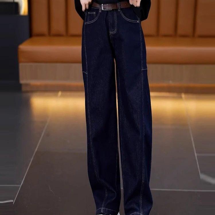 2025 Women's High Waist Slimming Straight Leg Fleece Jeans - Versatile Autumn/Winter Blue Denim