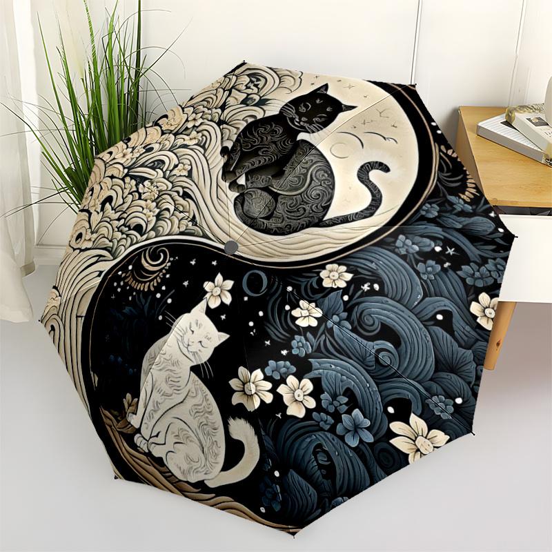 

1pc Black & White Cat Ying Yang Cat Pattern Automatic 3-Fold Umbrella, 8 Iron Frames, High-Value Folding Umbrella, Suitable for Office, Trav