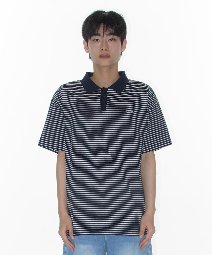 AMES-WORLDWIDE Basic Stripe Collar Tee Navy