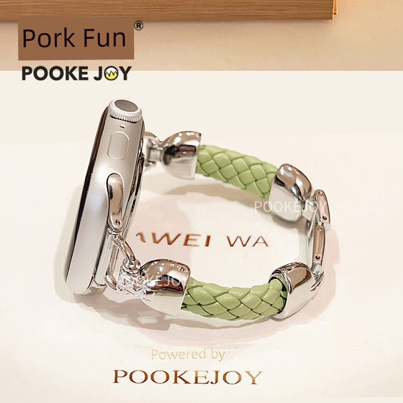 

S9 Watch Genuine Leather Metal Classy Apple Shallow grass green + Silver 45mm(7~9 generations)