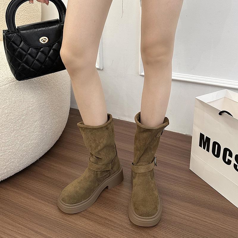 Leather~ inner heightening retro locomotive Martin boots women's autumn metal buckle rubbed thick heel thick bottom western pile short boots