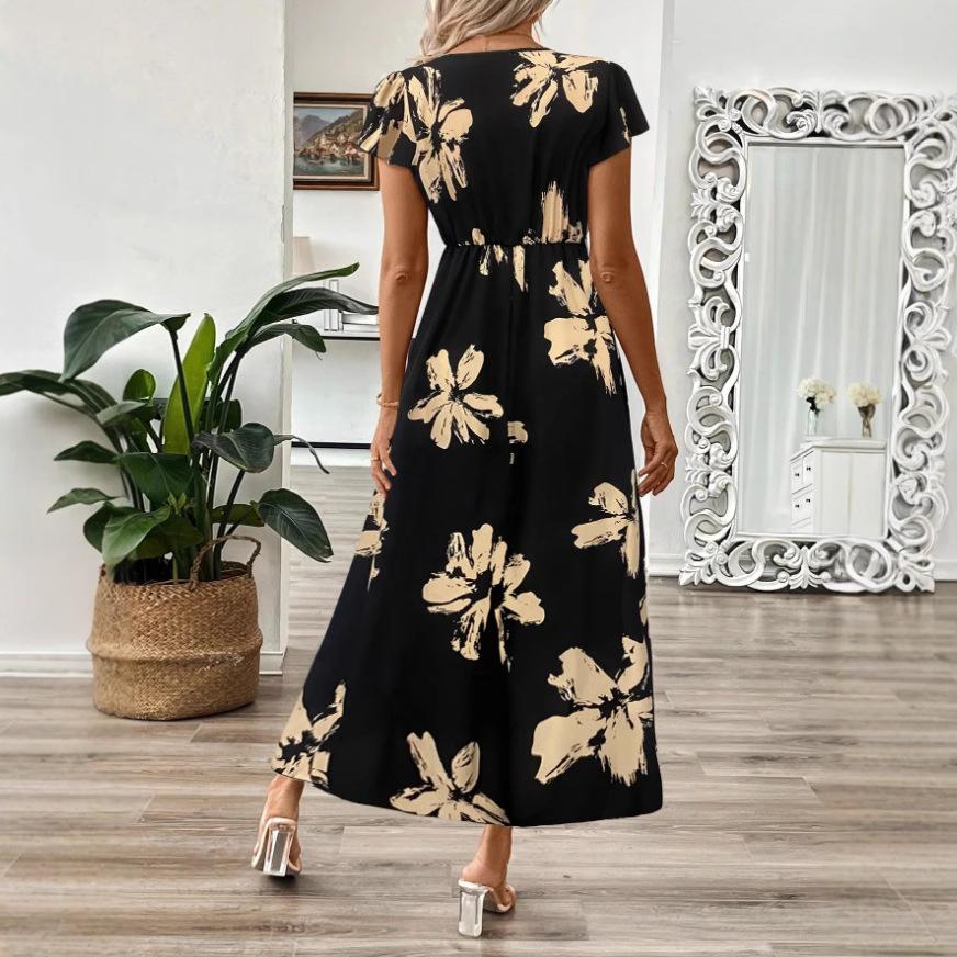 Summer European and American New Women's Clothing Printing V-neck Fashion Printing Temperament Dress Women's Spot