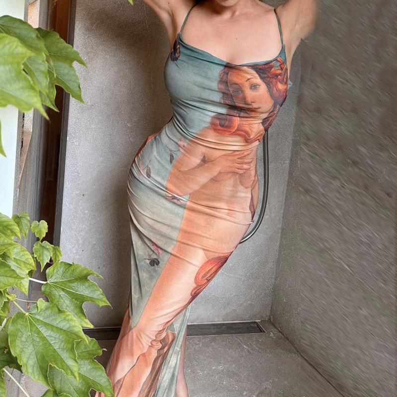 Dámské módní postavy Tisk Sexy ohlávkové šaty Úzké šaty bez rukávů s rozparkem