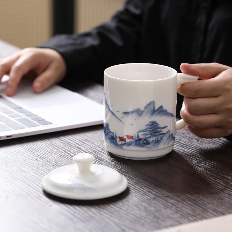 Sushi Hand-painted Mutton Fat Jade Ceramic Mug with Lid