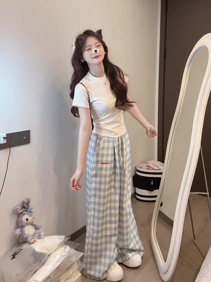Korean Style Light Blue Plaid Embroidered High-Waisted Wide-Leg Pants