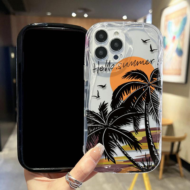 Cream Wave Curved Silicone Glossy Soft Case Sunset Coconut Tree Printed Shell Mobile Phone Back Cover for iPhone Samsung Xiaomi