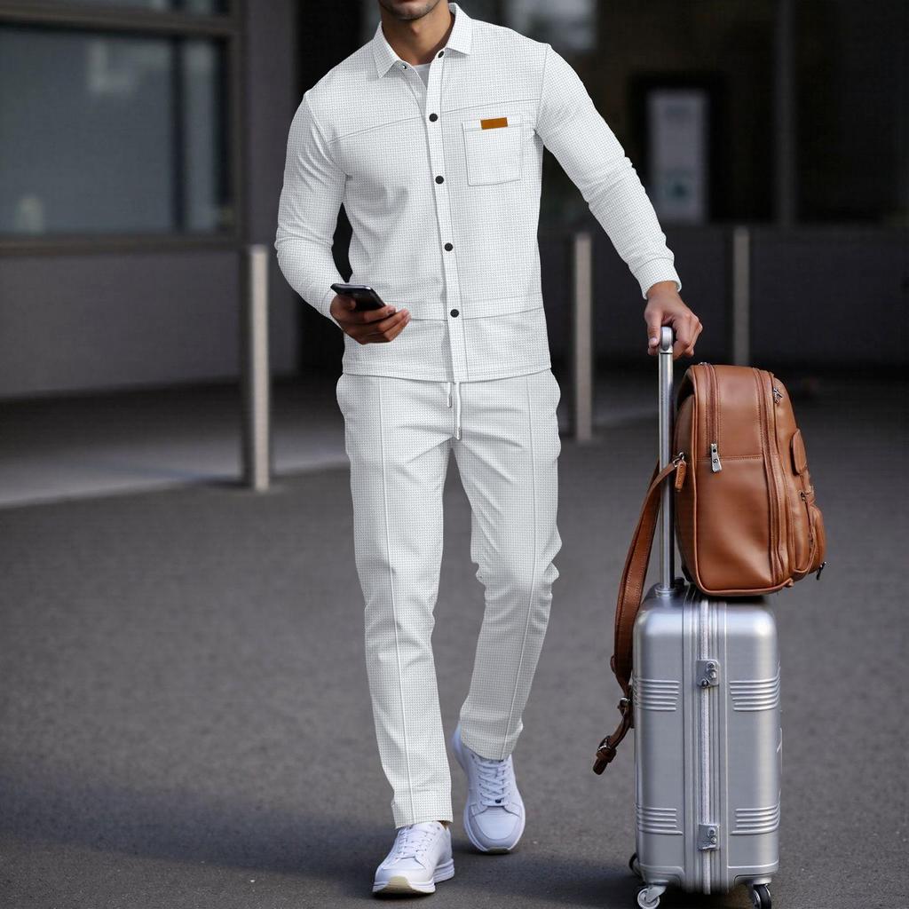 Men's Casual Waffle Knit Set: Solid Color Cardigan Jacket and Long Pants