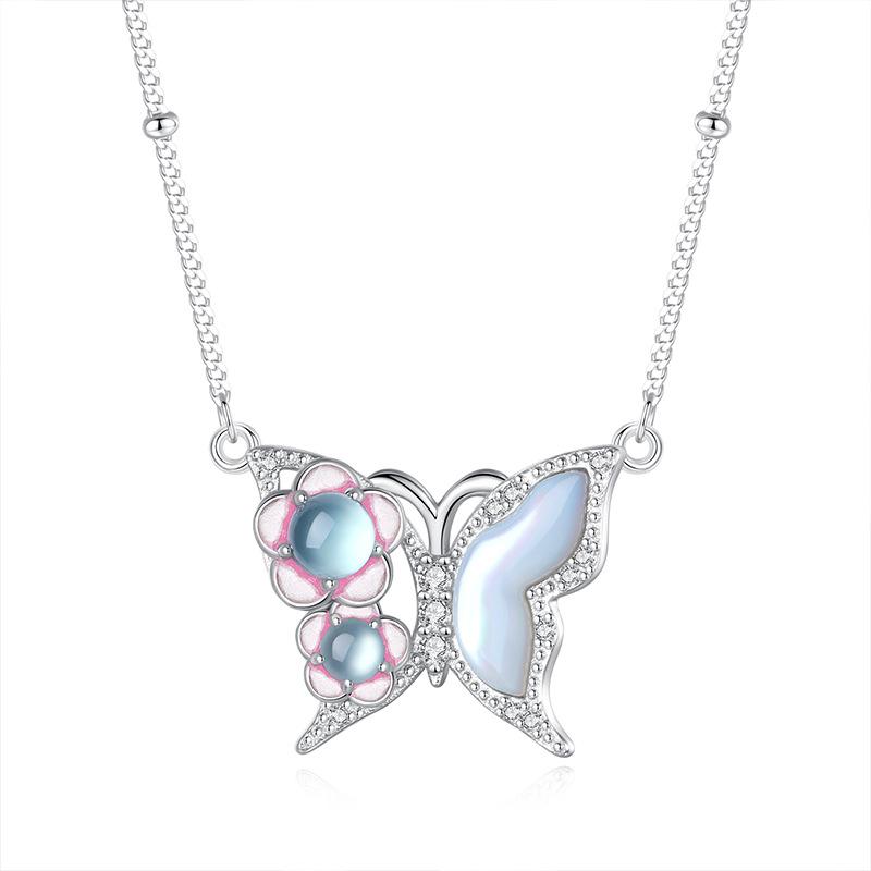 

Natural blue water ice jadeite fritillary butterfly necklace S925 sterling silver inlaid jade jewelry new Chinese high sense 925 silver