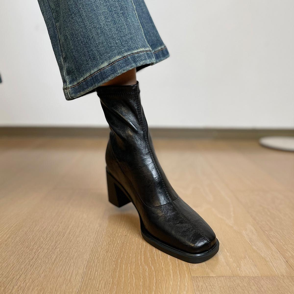Stretch Skinny Boots Thick Heel High Heel Short Boots Commuter Black Boots 35