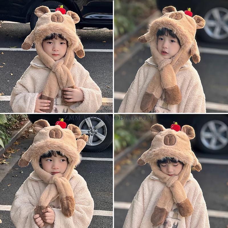 Kinder Capybara Hut mit beweglichen Ohren & Schal Set