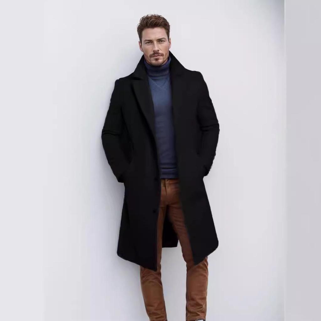 2025 European Men's Woolen Mid-Length Single-Breasted Fashion Overcoat