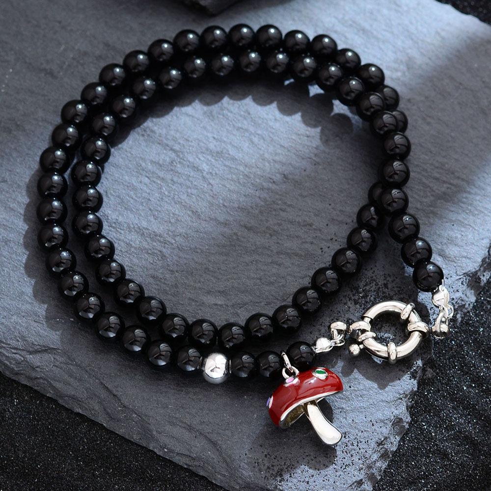Niche Design Enamel Dripping Oil Red Small Mushroom Pendant Black Agate Beaded Necklace High-End Light Luxury Accessories