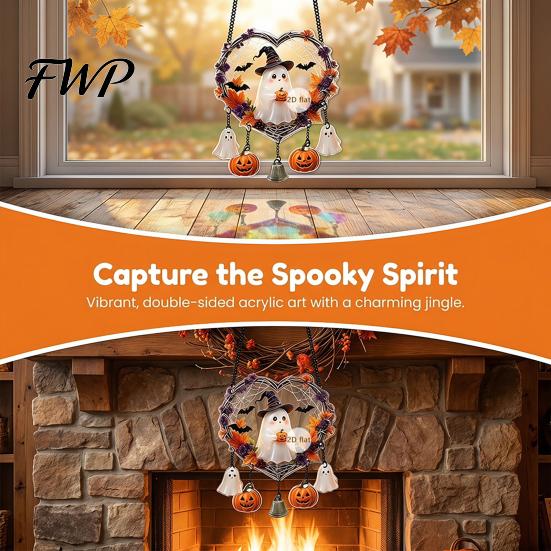 Halloween Wall Hangings Acrylic Love Heart Wreath Ornament, Cartoon Owl Ghost Witch Festive Hanging Decoration Skeleton Decor, Party Pendant with Bell
