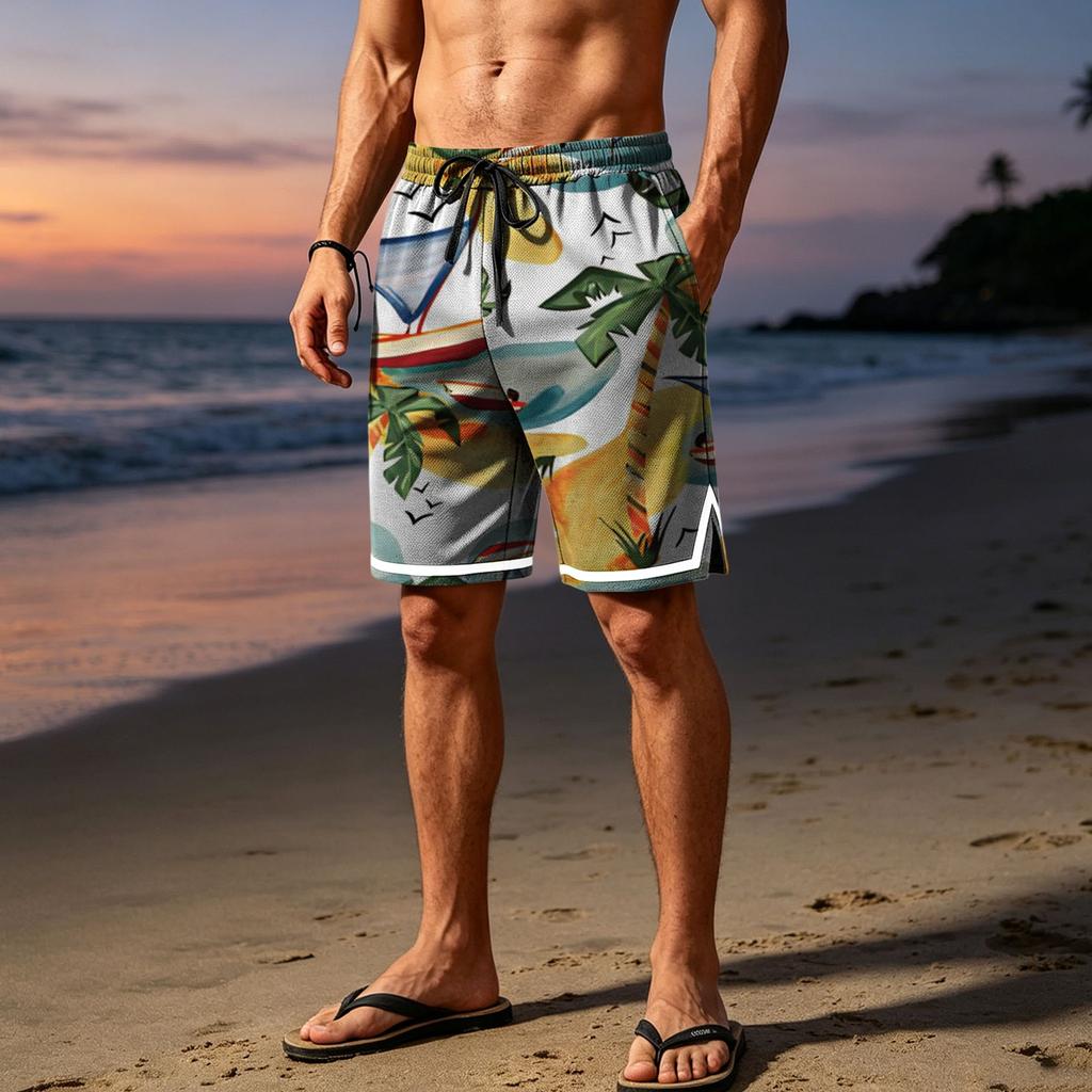 Men Mesh Breathable Casual Sports Shorts with Elastic Waistband and Drawstring Beach Style Printed Design for Summer Activities