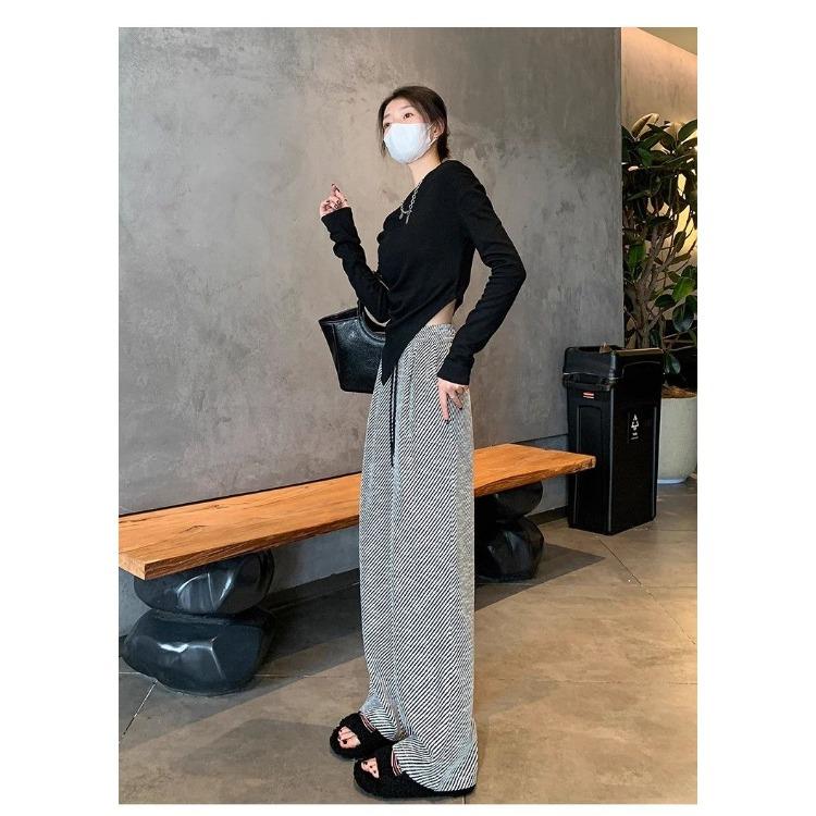 Loose and Casual Knitted Stripe Wide Leg Pants for Women In Spring and Autumn