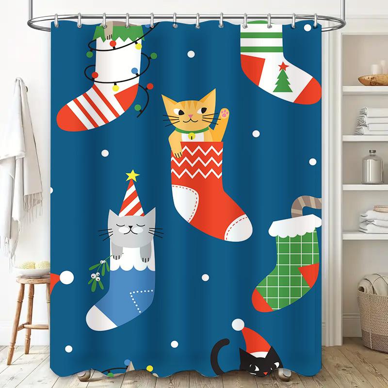Blue Shower Curtain with Christmas Stockings and Cats Festive Bath Decorations for Bathroom