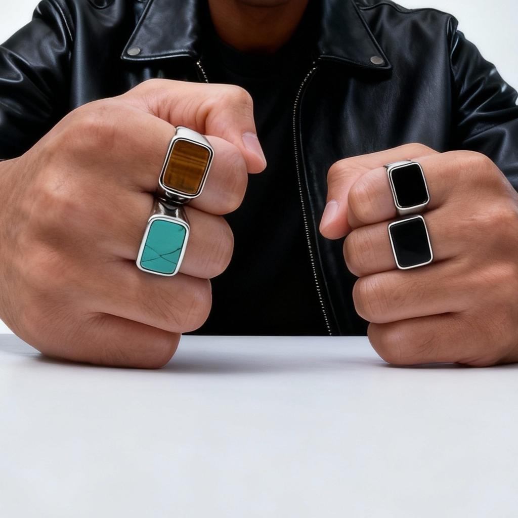Heren RVS Geometrische Natuursteen Zegelring, Rechthoekige Tijgeroog Steen Dikke Ringen, Hoge Kwaliteit Mode Sieraden