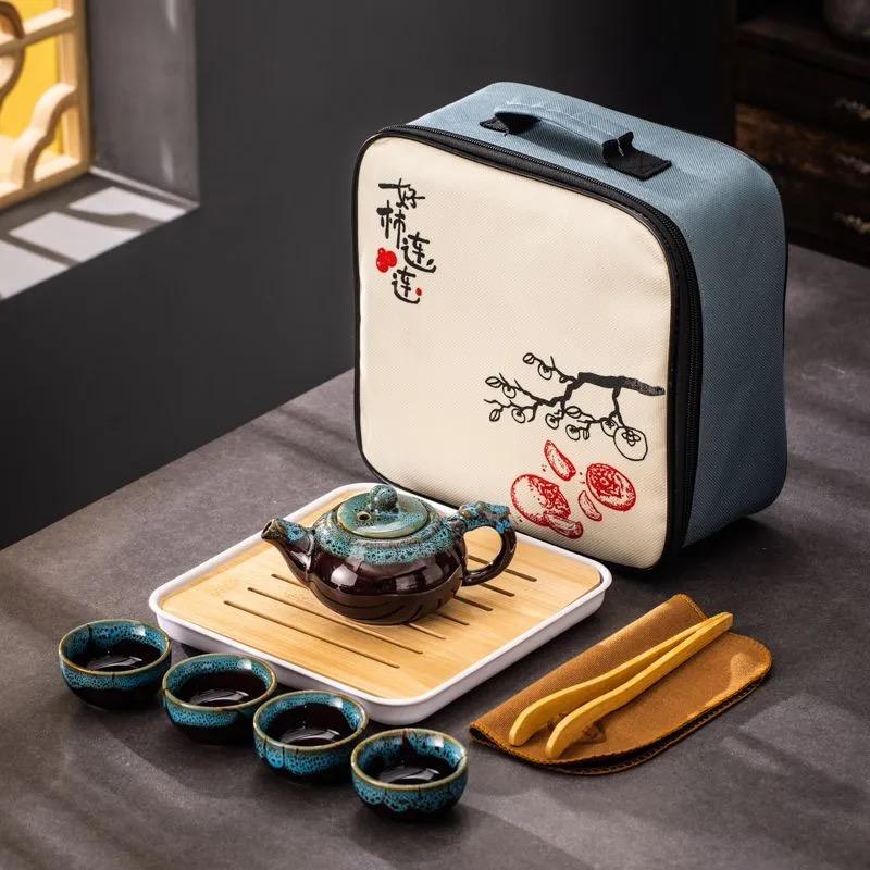 Portable Chinese Kung Fu Tea Set with Carrying Bag – Ceramic Travel Teapot Set with 4 Cups, Gaiwan & Tea Accessories