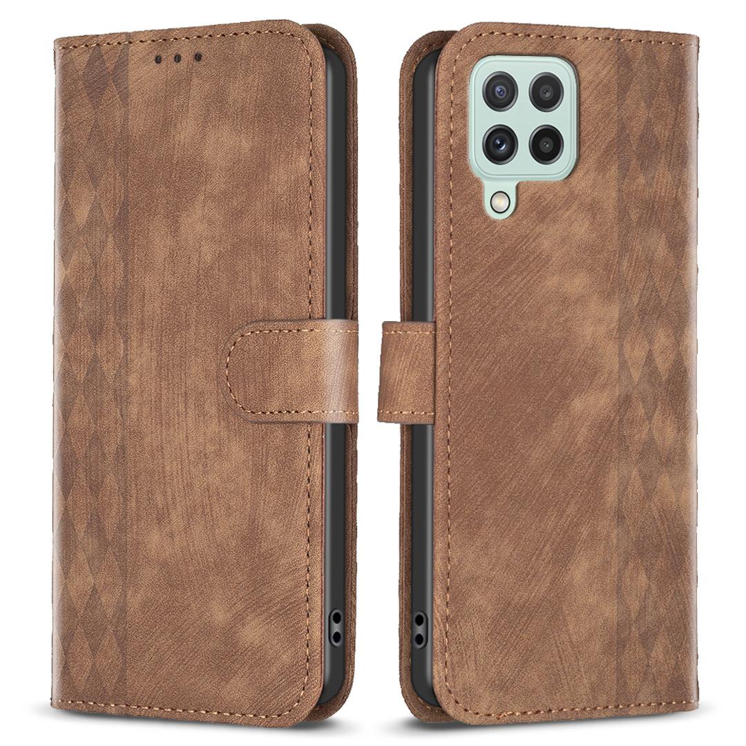 

For Samsung Galaxy A12 PU Leather+TPU Flip Cover Imprinted Pattern Shockproof Wallet Phone Case Brown