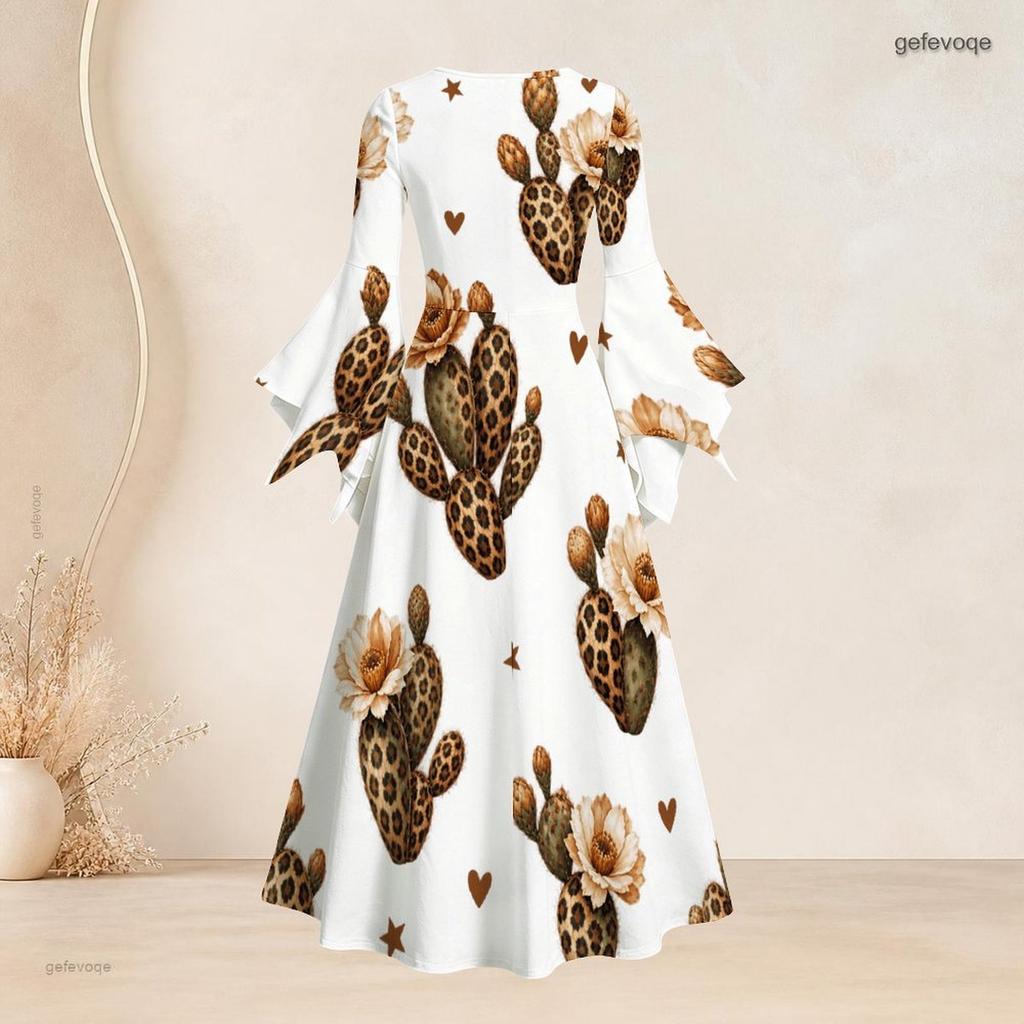 Women Plus Size Round Neck Bell Sleeve Leopard Sport Ball Print White Maxi Dress