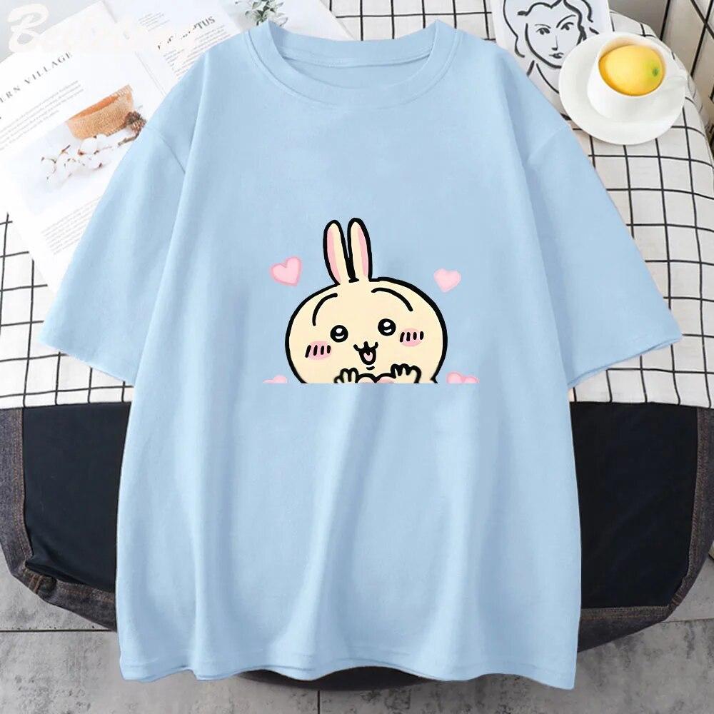 Chiikawa Cat T-Shirt, lässig, Unisex/Damen, Kawaii-Cartoon-Druck, 100 % Baumwolle, Harajuku-Oberteil, Sommer, Vintage, kurzärmeliges T-Shirt, Unisex-T-Shirt