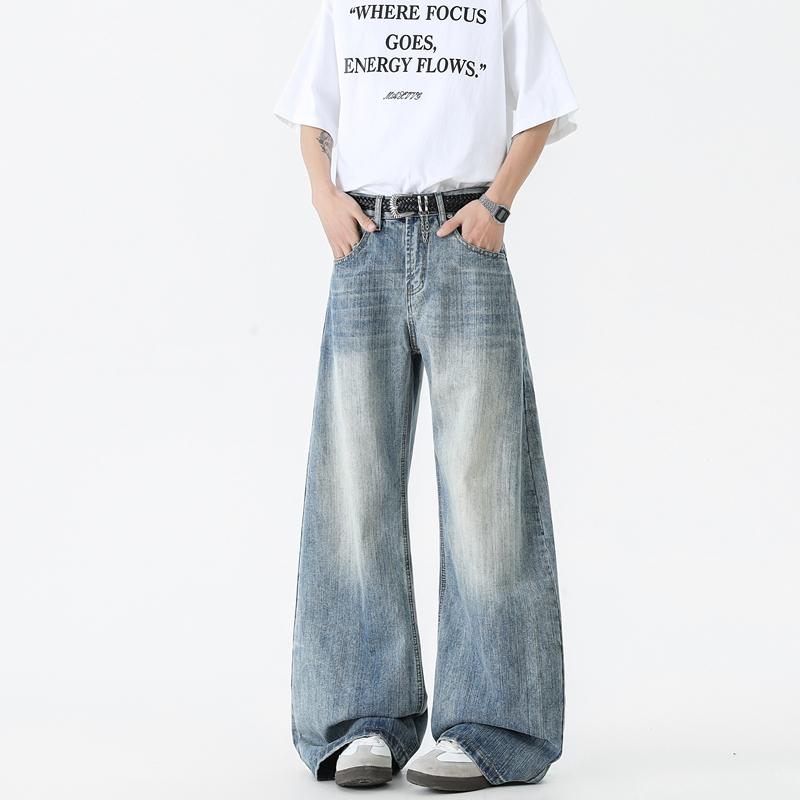 Bent Knife Jeans for Men Spring Water Laundry Vintage Trendy American High Street Bamboo Bun Loose Wide Leg Pants