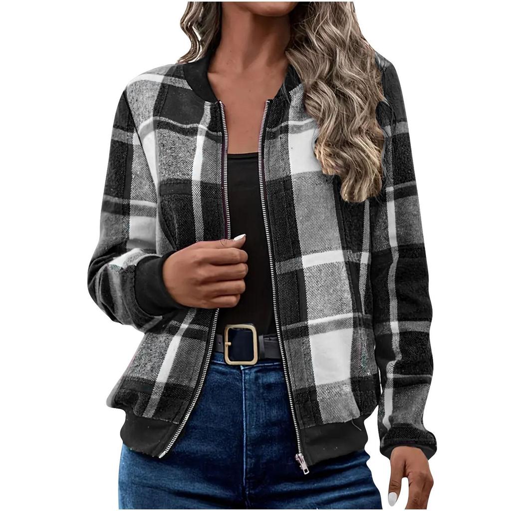 New Autumn Winter Women's Plaid Print Jacket, Long Sleeve Zipped Casual Coat, Loose Fit Outwear for Daily Streetwear