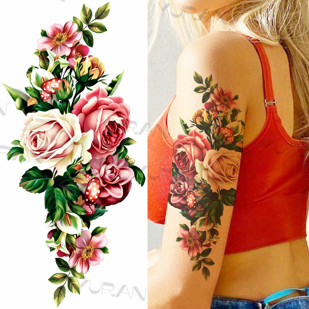 Large Colorful Rose Flower Temporary Tattoos For Girls Women Anchor Fake Gemstone Pendant Tattoo Paste Arm Body Tatoos Creative