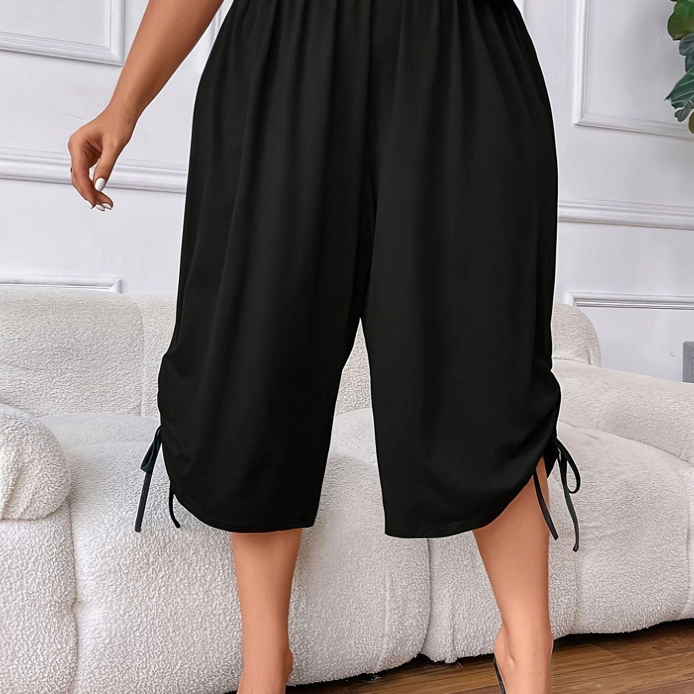 Plus Size Women s Elastic Waist Tie-Waist Pleated Mid-Length Wide-Leg Pants 0XL